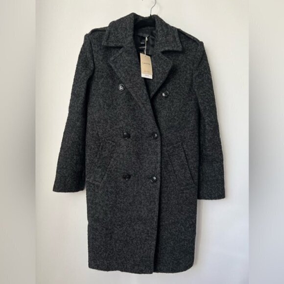🩷 Mango- Women’s Wrap Coat with Lapels - Charcoal/Black. Size: XXS. NWT - Picture 2 of 16